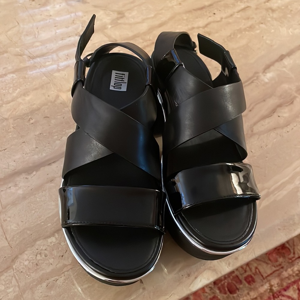 Fitflop platform sandals, black, with buckle strap